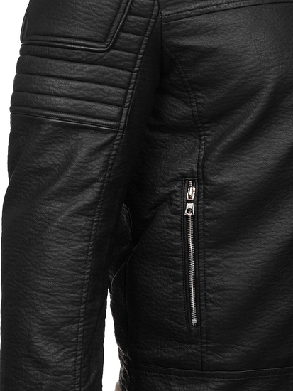 Geacă neagră de piele cu blană Bolf 11Z8013