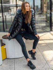 Geacă de iarnă neagră lungă cu glugă matlasată dame Bolf 7076