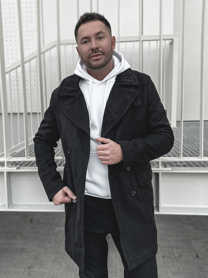 Palton de iarnă negru guler înalt două rânduri de nasturi Bolf 1048A