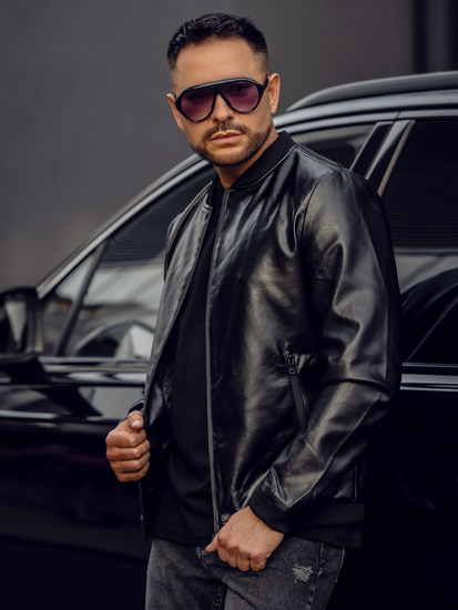 Geacă de piele bomber neagră Bolf 6803A