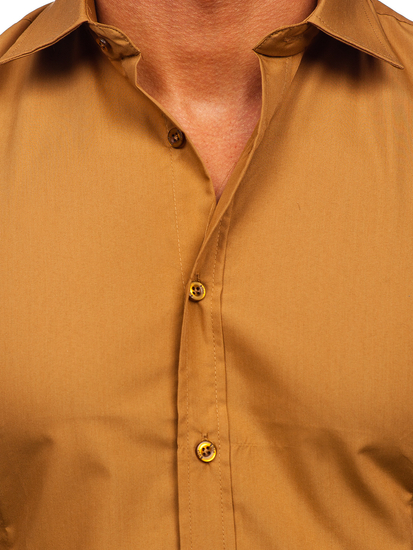 Cămașă elegantă bărbătească maro deschis cu mâneci lungi Bolf 1703