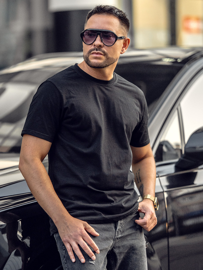 Tricou negru simplu din bumbac pentru bărbați Bolf 14291A