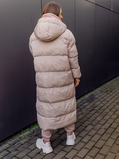Jachetă de iarnă lungă matlasată bej pentru femei cu glugă Bolf R6702A