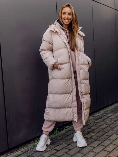 Jachetă de iarnă lungă matlasată bej pentru femei cu glugă Bolf R6702A