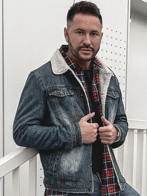 Geacă de blugi bleumarin tip trucker cu guler călduros Bolf 1155A