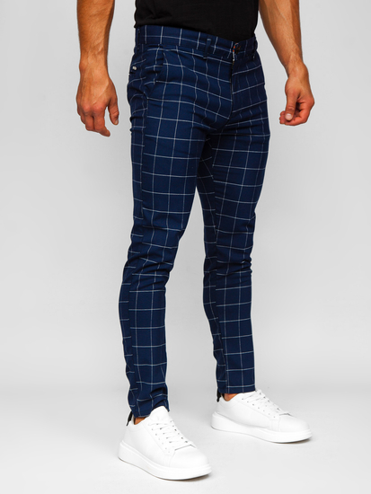 Pantaloni formali pentru bărbați bleumarin cu model în carouri, Bolf 0040