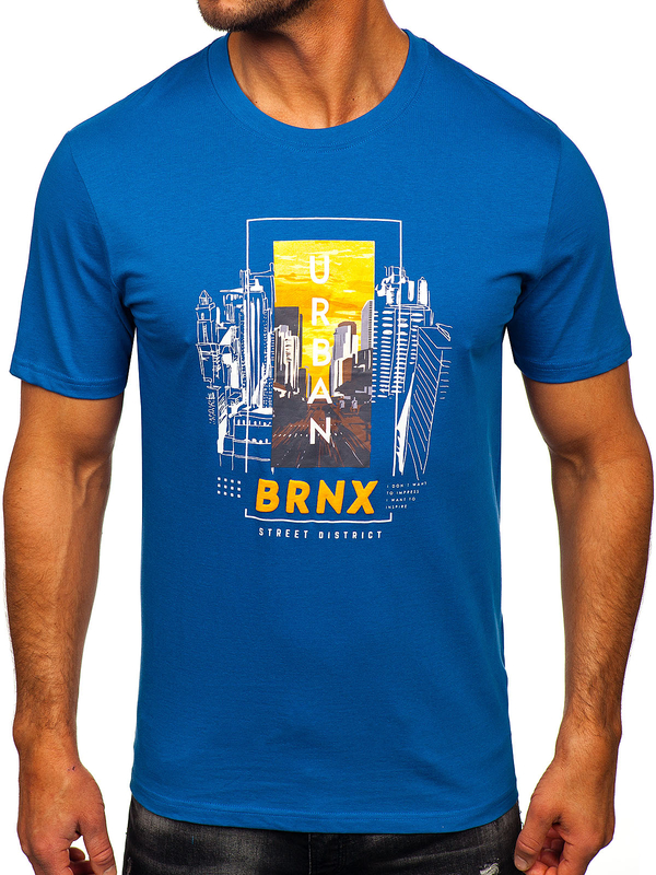 Tricou bărbătesc din bumbac albastru cu imprimeu Bolf MPO3452