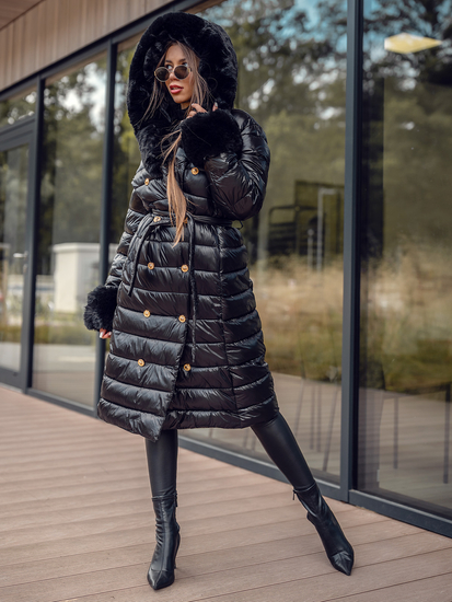 Geacă-palton lung de iarnă cu glugă neagră Bolf 5M3160