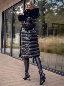 Geacă-palton lung de iarnă cu glugă neagră Bolf 5M3160