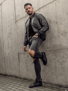 Geacă de piele bomber neagră Bolf 3A65A