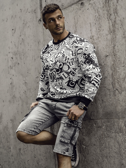 Hanorac pentru bărbați alb-negru fără glugă cu imprimeu Bolf 8B1135A