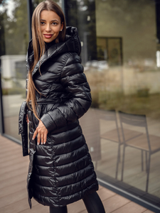 Jachetă de iarnă de damă cu glugă neagră, matlasată, lungă Bolf 5M3159
