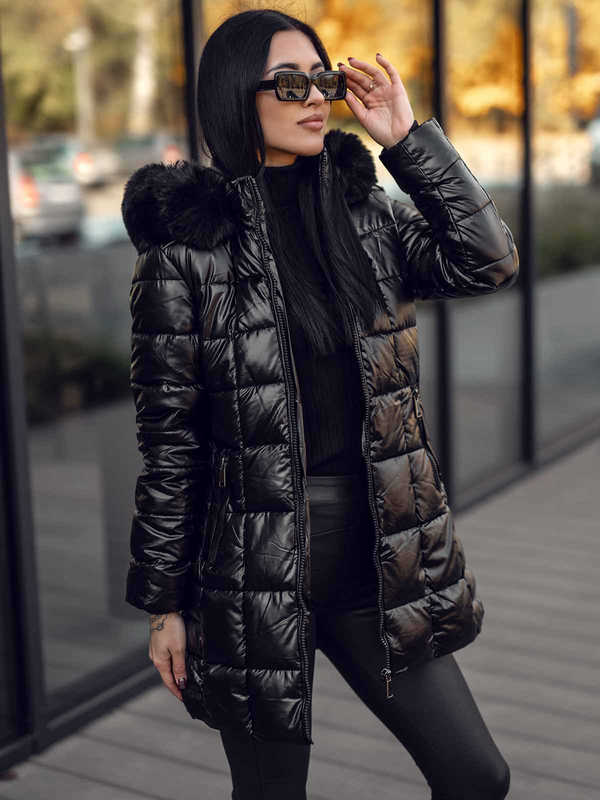 Geacă-palton lung de iarnă cu glugă negru dame Bolf 16M9120A