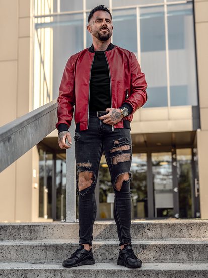 Geacă de piele bomber roșie Bolf 1147A