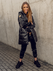 Vestă lungă neagră matlasată din piele ecologică Bolf AY756