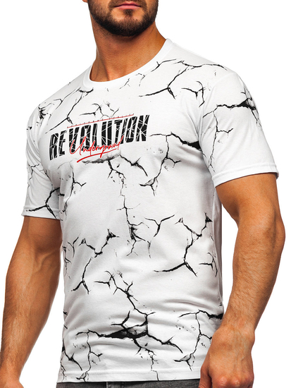 Tricou alb bărbătesc din bumbac cu imprimeu Bolf 14717