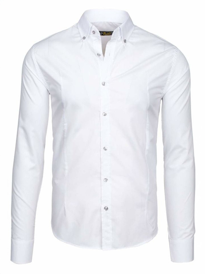 Cămașă elegantă pentru bărbat cu mâneca lungă albă Bolf 1703-1