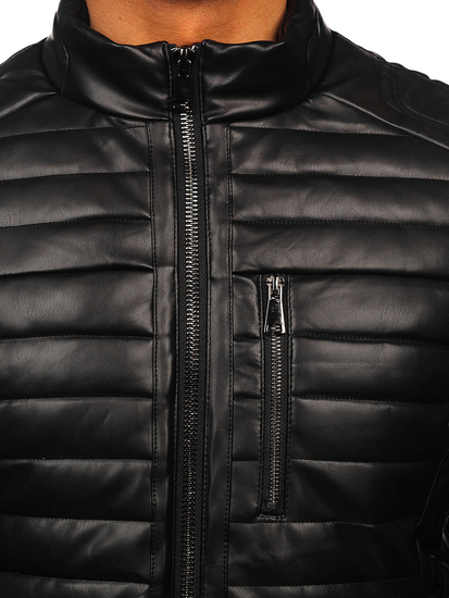 Geacă motociclist de iarnă matlasată din piele neagră pentru bărbați Bolf 11Z8186