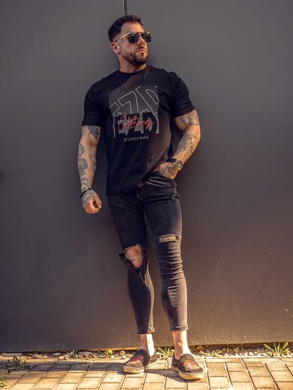 Tricou din bumbac negru și imprimeu Bolf 14748A