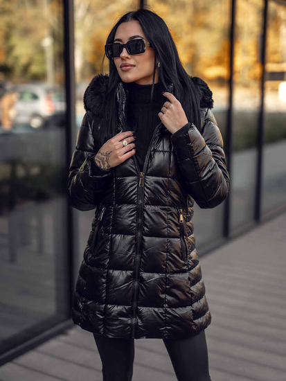 Geacă-palton lung de iarnă cu glugă negru dame Bolf 16M9120A