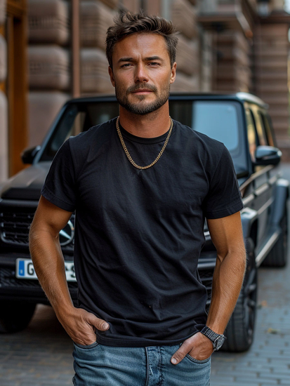 Tricou negru bărbătesc din bumbac fără imprimeu Bolf 14291