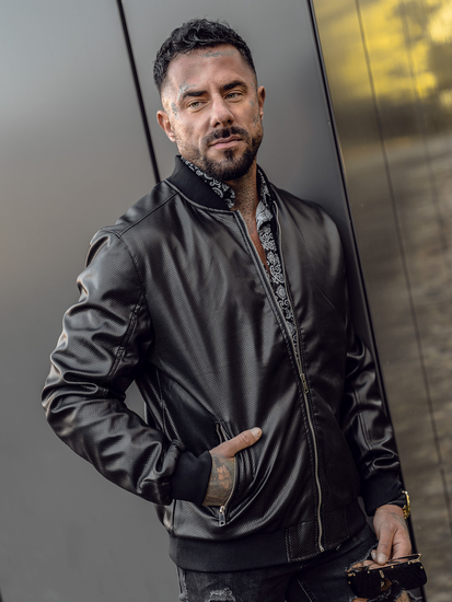 Jachetă neagră din piele pentru bărbați Bolf 7110A2