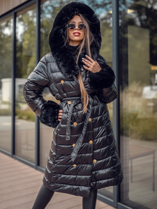 Geacă-palton lung de iarnă cu glugă neagră Bolf 5M3160