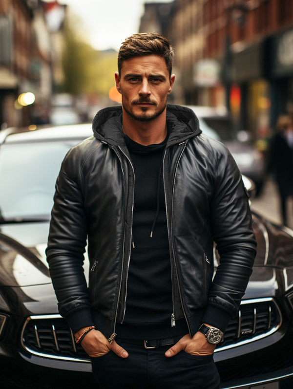 Geacă de piele bomber neagră Bolf 11Z8004