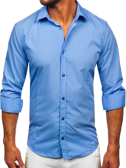 Albastru bărbătesc Cămașă elegantă cu mâneci lungi Bolf 1703
