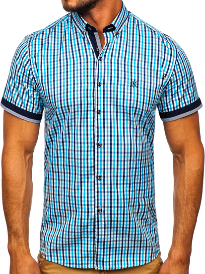 Cămașă bărbați în carouri cu mâneca scurtă turcoaz Bolf 4510