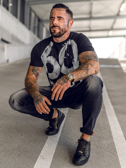 Tricou negru bărbătesc cu imprimeu Bolf 0303A