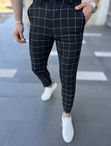 Pantaloni negri în carouri pentru bărbați Bolf 0040