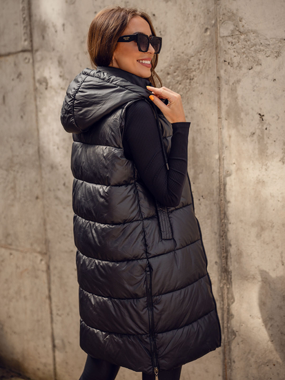 Vestă neagră lungă matlasată pentru femei Bolf R8212A