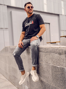 Tricou din bumbac cu imprimeu negru Bolf 14780A