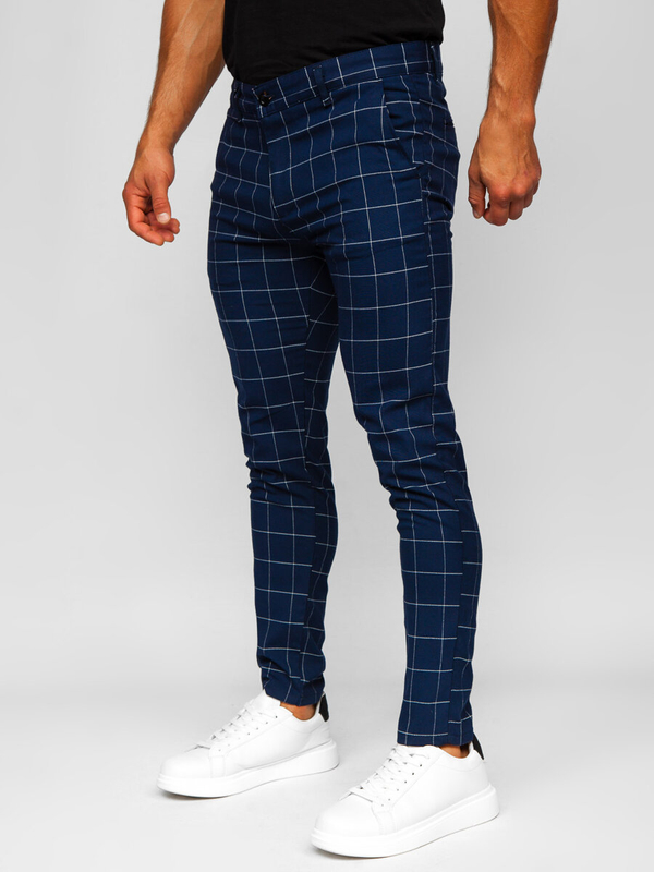 Pantaloni formali pentru bărbați bleumarin cu model în carouri, Bolf 0040
