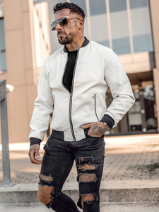 Jachetă bomber din piele albă pentru bărbați Bolf 7110A2