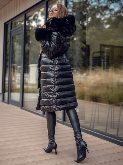 Geacă-palton lung de iarnă cu glugă neagră Bolf 5M3160