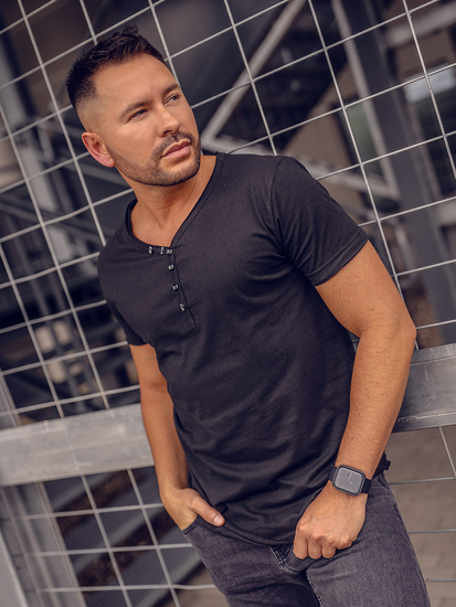 Tricou negru simplu din bumbac cu decolteu în V pentru bărbați Bolf 4049A