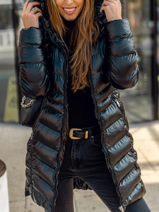 Geacă de iarnă neagră lungă cu glugă matlasată dame Bolf 7076