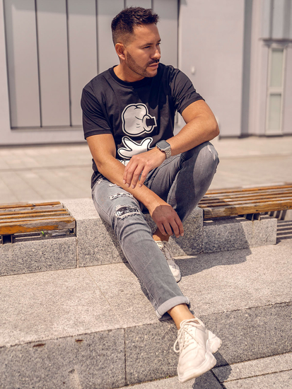 Tricou negru bărbătesc din bumbac cu imprimeu Bolf KS1997