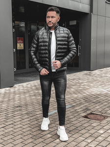 Geacă de piele neagră matlasată Bolf 0021