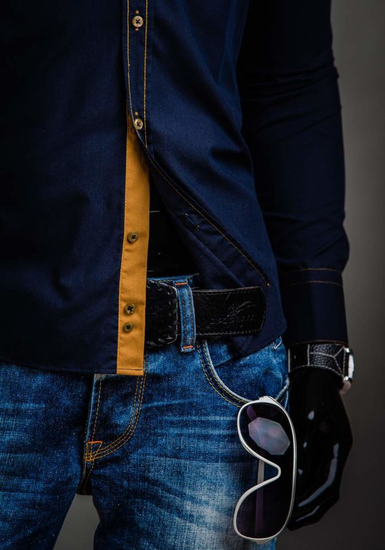 Cămașă elegantă pentru bărbați, cu mânecă lungă, bleumarin Bolf 3703A