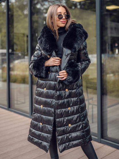 Geacă-palton lung de iarnă cu glugă neagră Bolf 5M3160