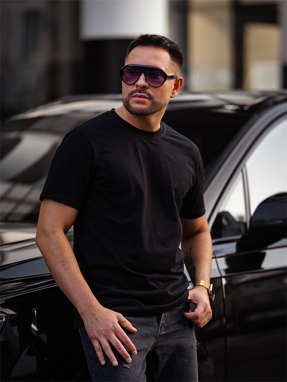 Tricou negru bărbătesc din bumbac fără imprimeu Bolf 14291