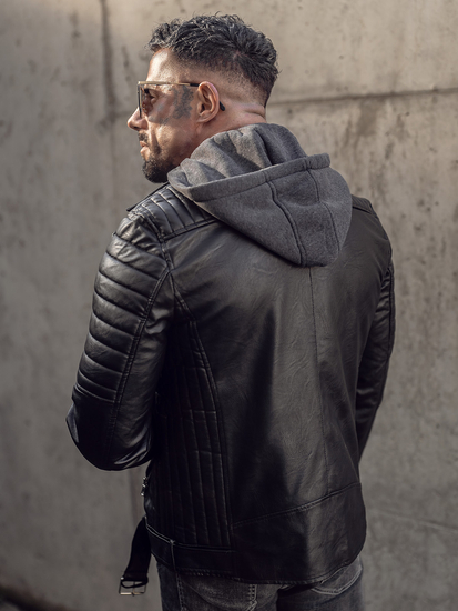 Geacă de piele biker neagră cu glugă Bolf 11Z8005