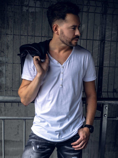 Tricou alb simplu din bumbac cu decolteu în V pentru bărbați Bolf 4049