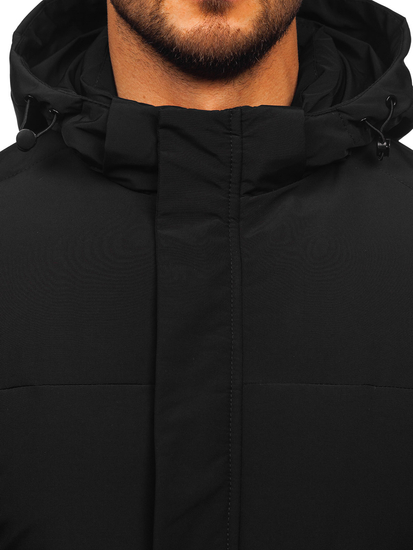 Jachetă neagră de iarnă pentru bărbați, lungă și matlasată Bolf 31M5009