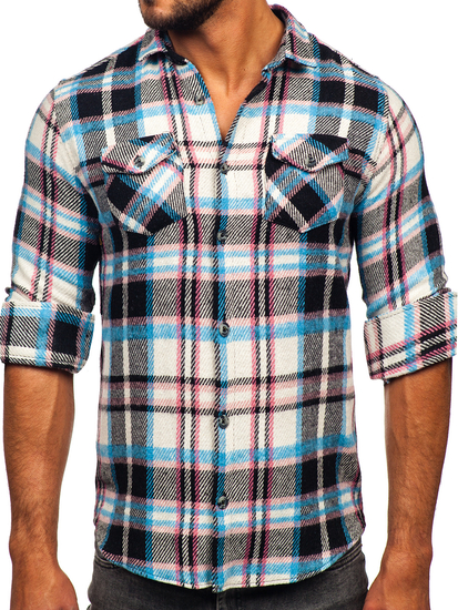 Cămașă în carouri flanel cu mâneca lungă albastru-roz Bolf 22704