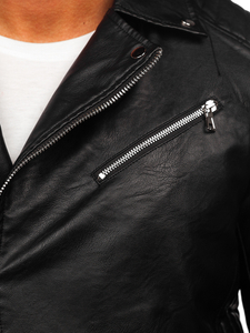 Geacă de piele cu glugă biker neagră Bolf 11Z8005