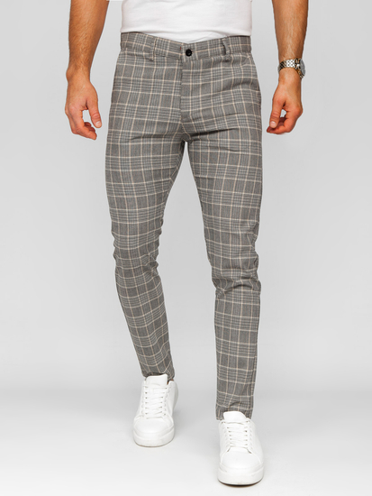 Pantaloni formali pentru bărbați bej cu model în carouri, Bolf 184171
